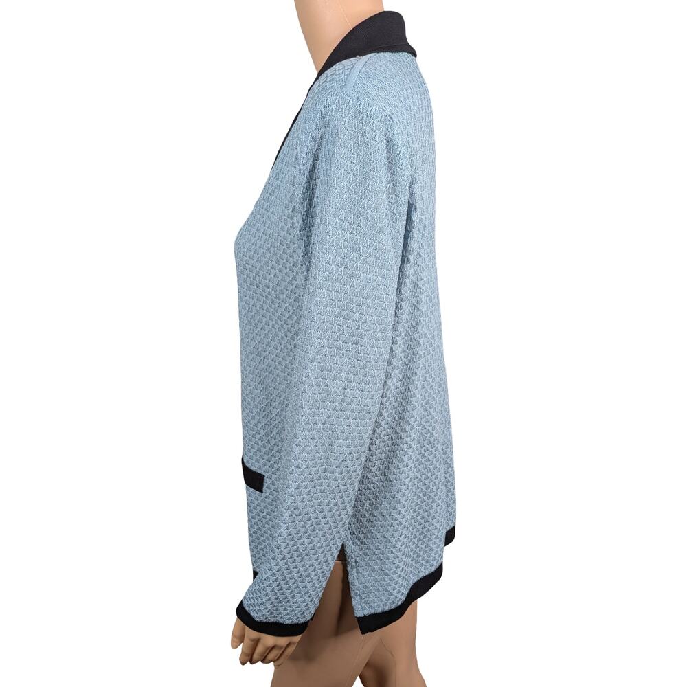 Misook Pastel Light Blue Black Trim Knit Cardigan Jacket Small S Vintage Blazer - Picture 6 of 8